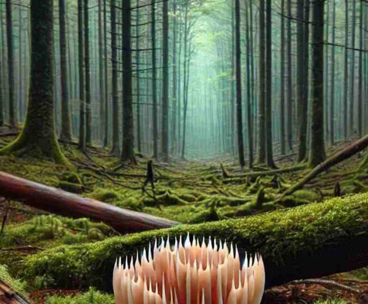 A twisted, weird-looking mushroom discovered in the forest, standing out among the greenery.